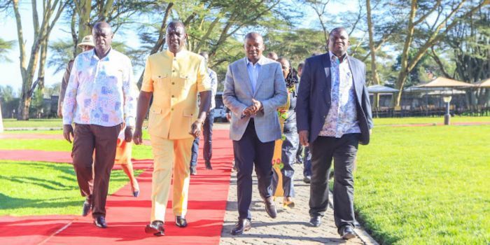 President William Ruto, his deputy Rigathi Gachagua and Cabinet Secretary for Interior Kithure Kindiki at Lake Naivasha resort, Nakuru, on February 21, 2024. PCS