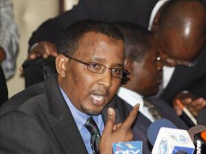 Former IEBC chairman Hon Isaac Hassan gestures during a past media presser 