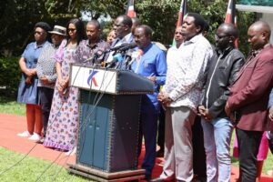 The Azimio-One Kenya Coalition Co-principal Hon Kalonzo Musyoka addressing the media on June 21 alongside other coalition leaders