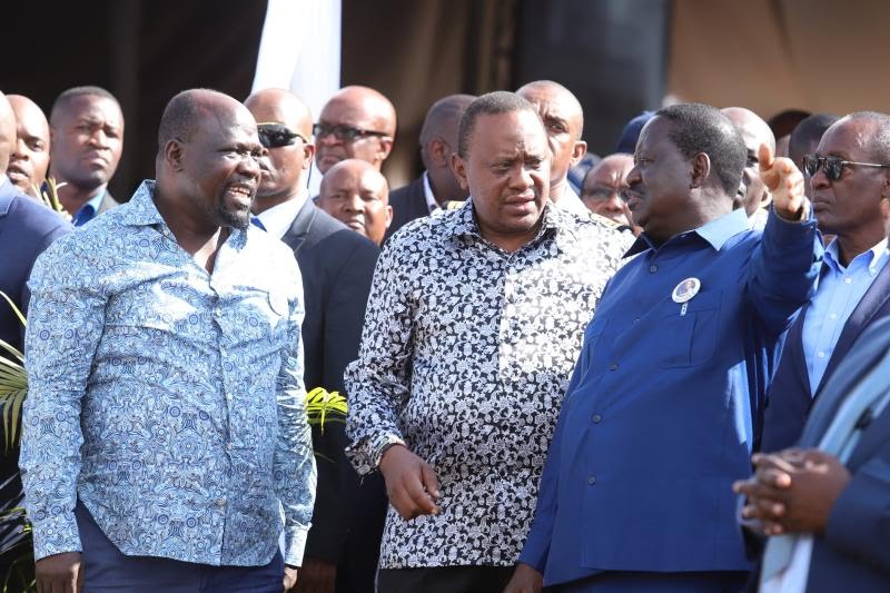 Former President Uhuru Kenyatta (center), then Africa Union emissary Hon. Raila Odinga during a past event. Photo: The Standard 