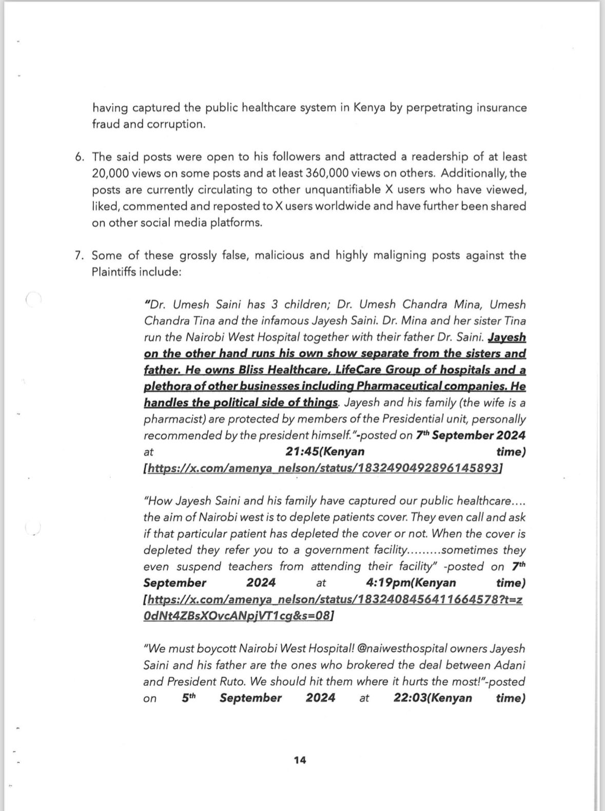 Section of a lawsuit against Nelson Amenya. Photo: Nelson Amenya Source: X