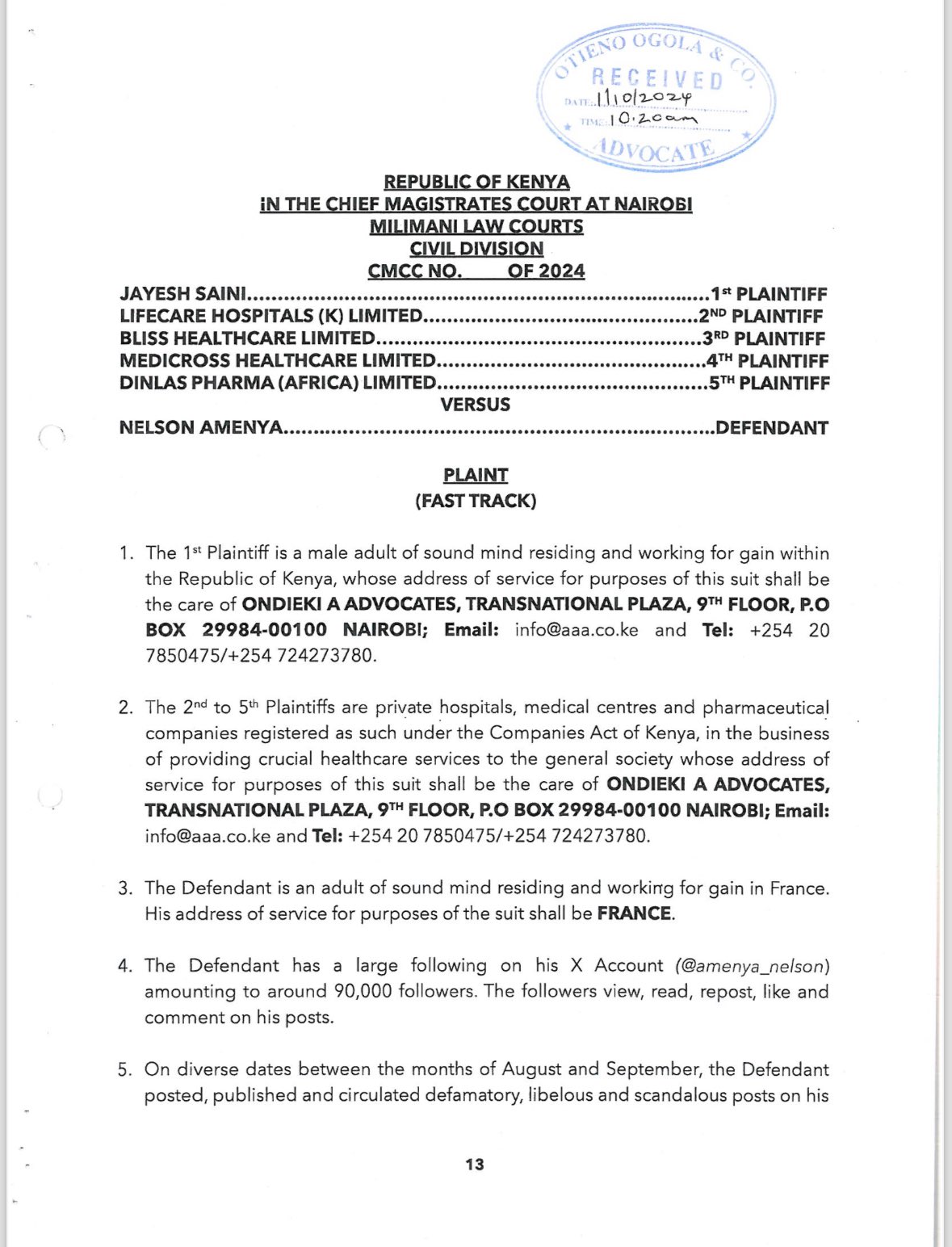 Page one of the lawsuit against Nelson Amenya. Photo: Nelson Amenya Source: X